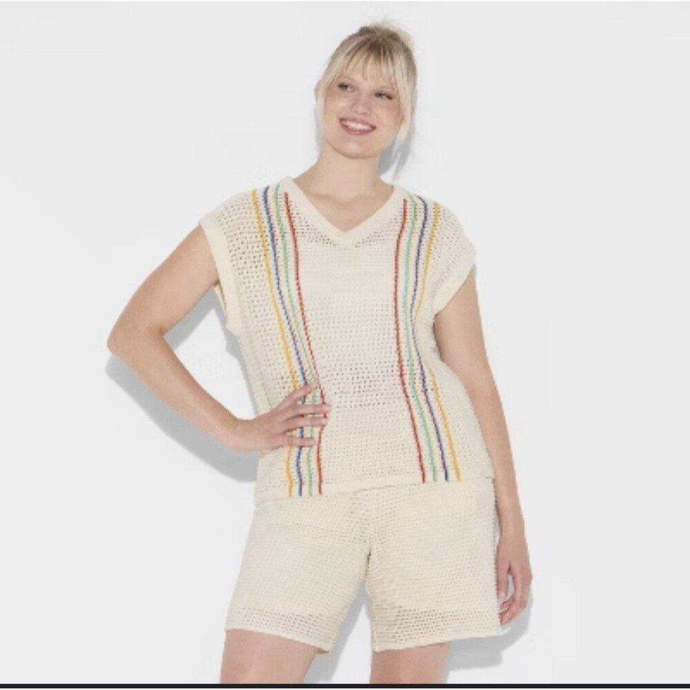 Pride Adult Boxy Unisex Oversized V Neck Open Knit Stitch Pullover Top Size M